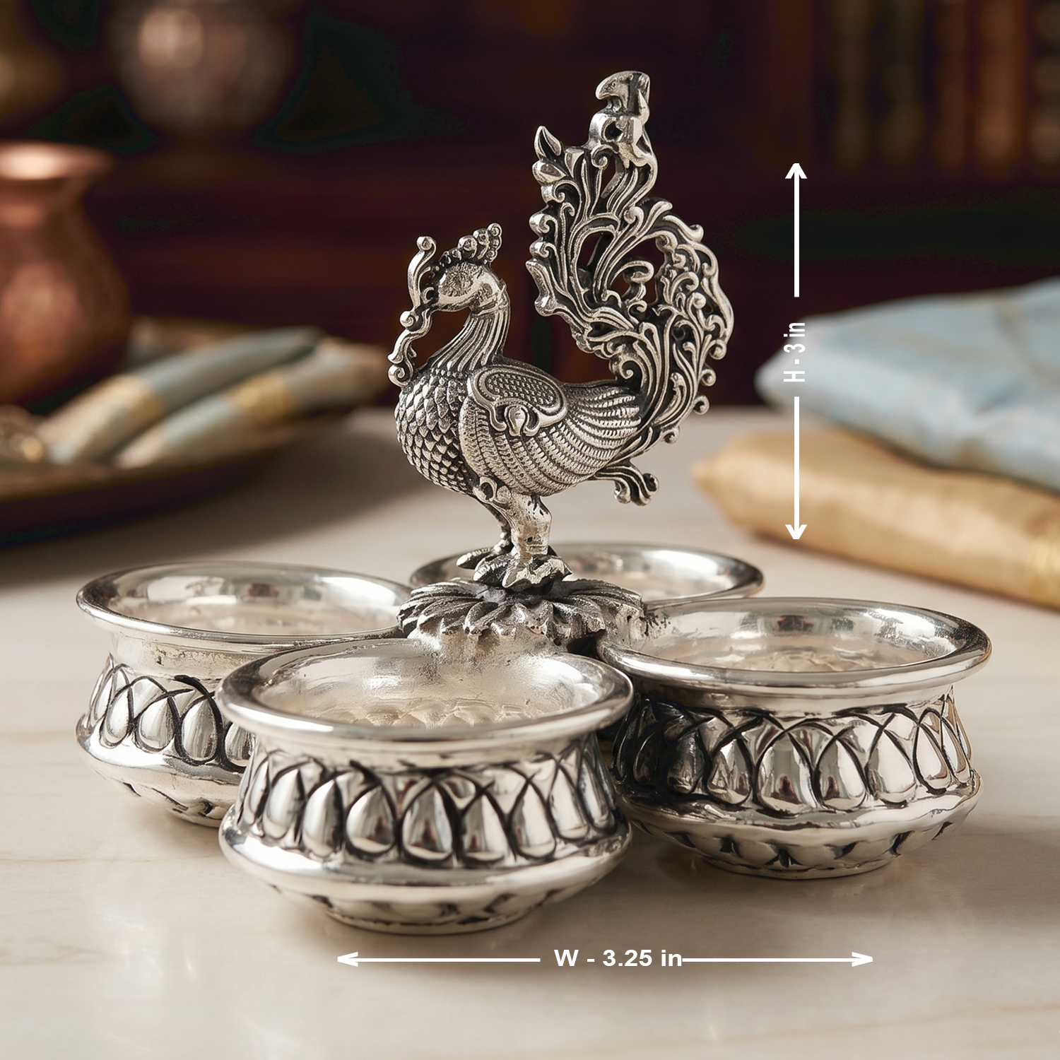 92.5 Silver Peacock Silver Kumkum Bowl Set